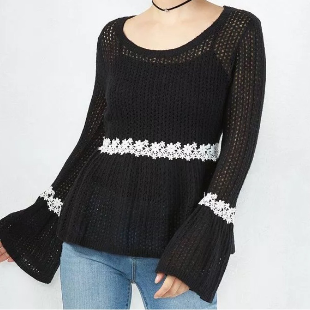 Lauren Conrad LC black and white floral lace bell sleeve peplum sweater